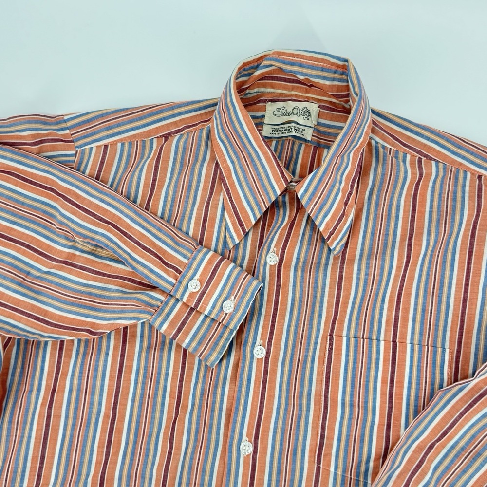 Vintage‎ 1960s John Wells LTD Mens 16-35 Lg Striped Button Up Shirt Orange Blue